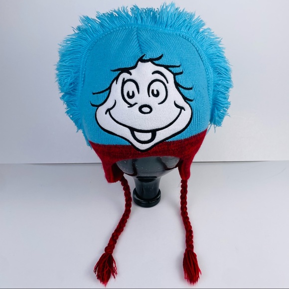 Dr. Seuss Cat In The Hat THING 1 or 2 Beanie Red Blue With Ear Flaps Hat Cap - Picture 1 of 4
